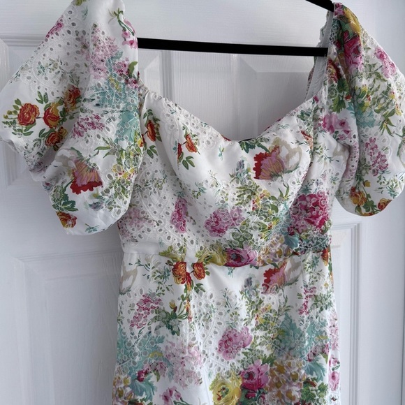 FORE White Lace Floral Print Mini Dress Puff Sleeves L - Picture 8 of 15